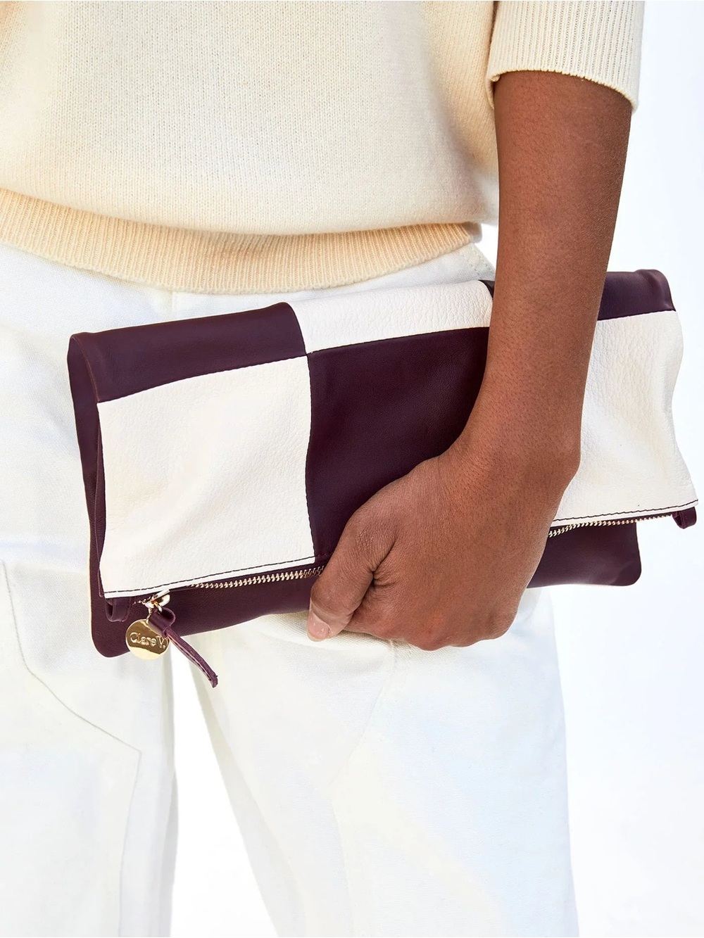 Clare V Leather Checkerboard Zip Clutch - Cream & Dark Plum